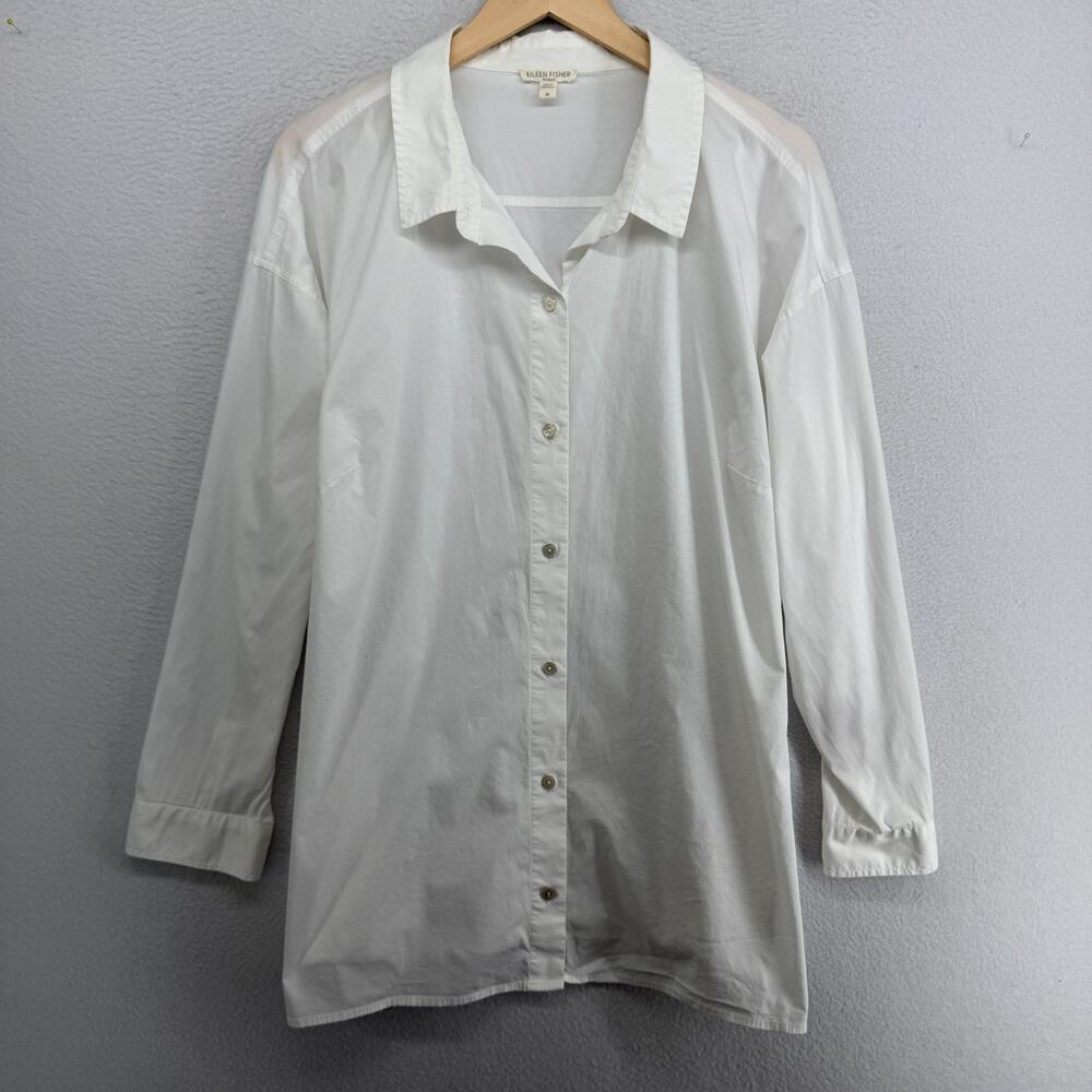 EILEEN FISHER Top 2X Plus Stretch Organic Poplin Tunic Shirt Button Up White